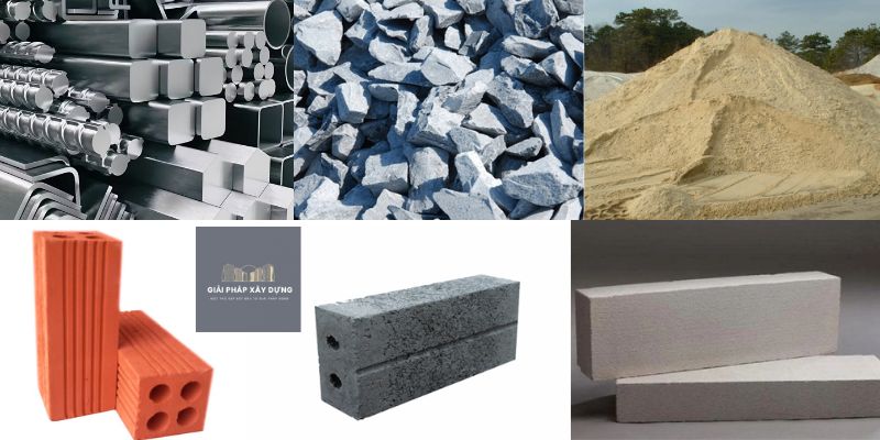 Hình ảnh tổng hợp vật liệu xây dựng phổ biến: thép, đá, cát, gạch 2025.
