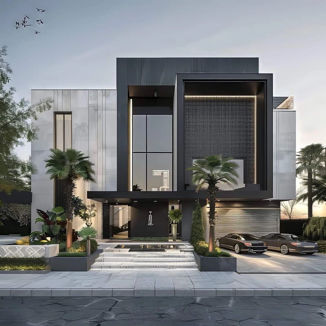 Biệt thự hiện đại màu tối mặt tiền đối xứng
