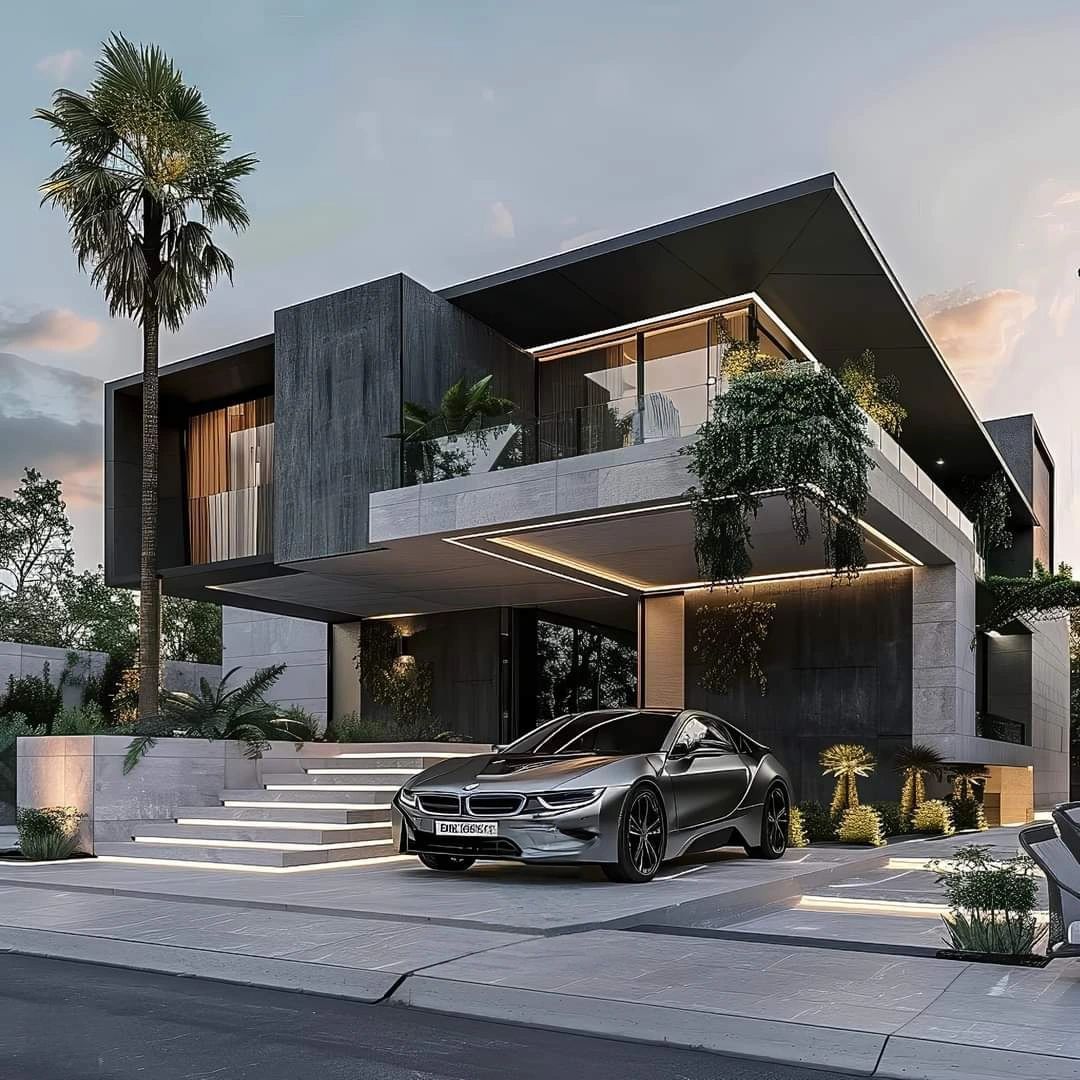 Biệt thự hiện đại màu tối với gara xe sang trọng
