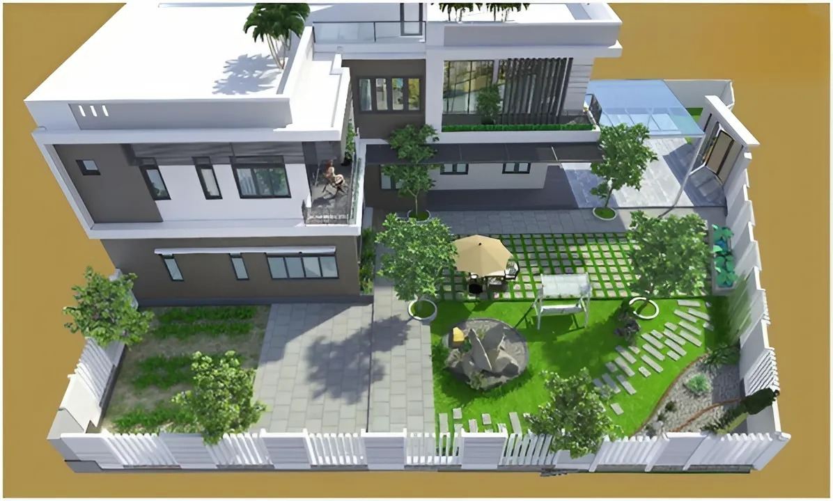 Công Nghệ Xây Dựng Prefab: Lắp Ráp Biệt Thự Như LEGO 4 Phối cảnh tổng thể biệt thự sân vườn hiện đại có cảnh quan xanh mát