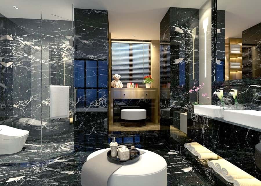 Đá Xây Dựng Đẹp Nhưng Rạn Nứt, Trơn Trượt – Lỗi Do Đâu? 4 Nhà tắm hiện đại ốp đá marble vân trắng đen – sang trọng nhưng tiềm ẩn nguy cơ trơn trượt nếu chọn sai loại đá.