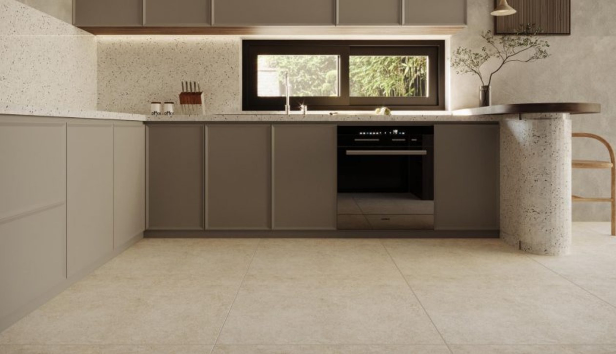 Không gian bếp hiện đại với nền gạch ốp lát cao cấp