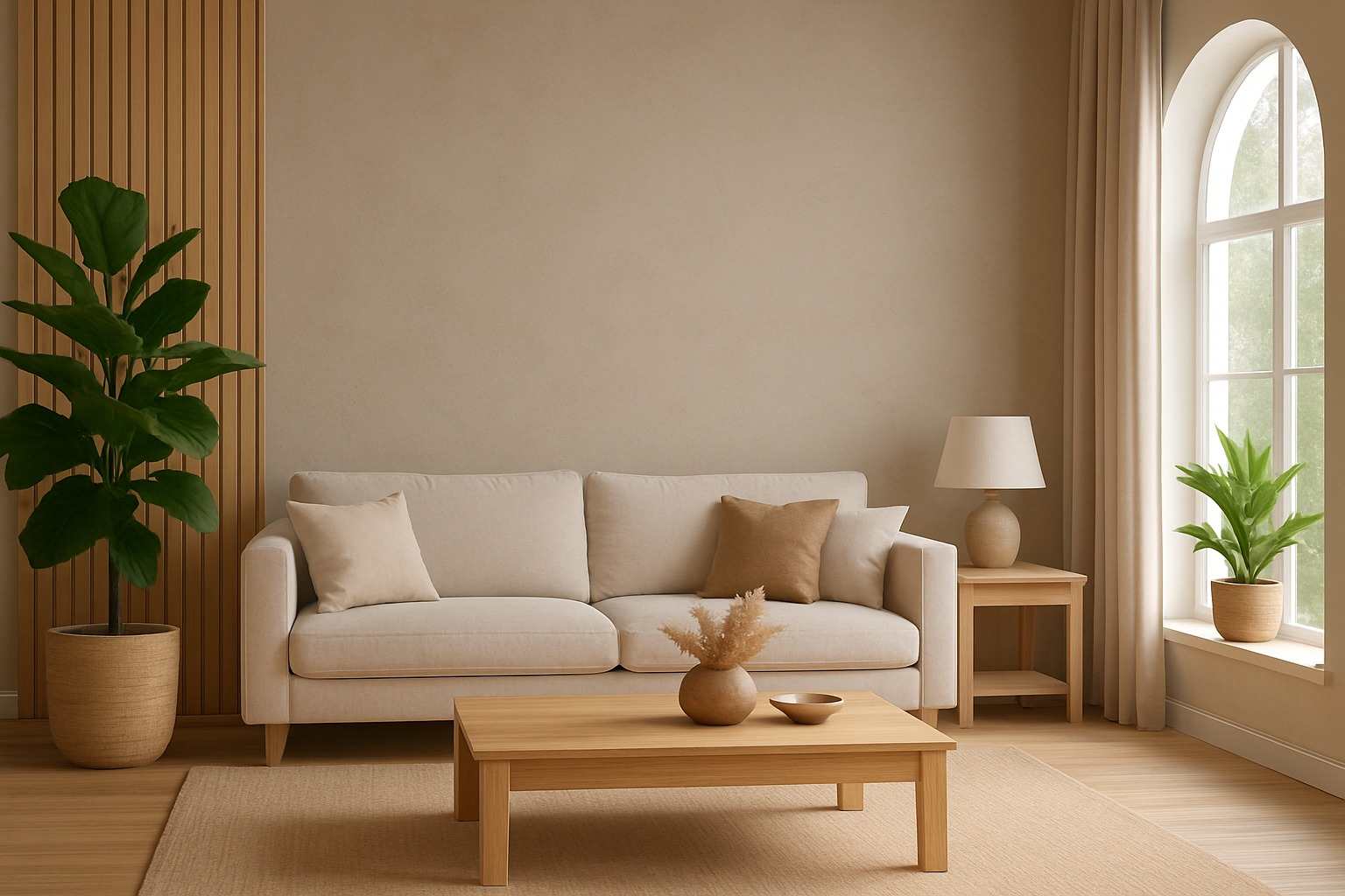 Gam màu vật liệu trung tính cho phòng khách hiện đại