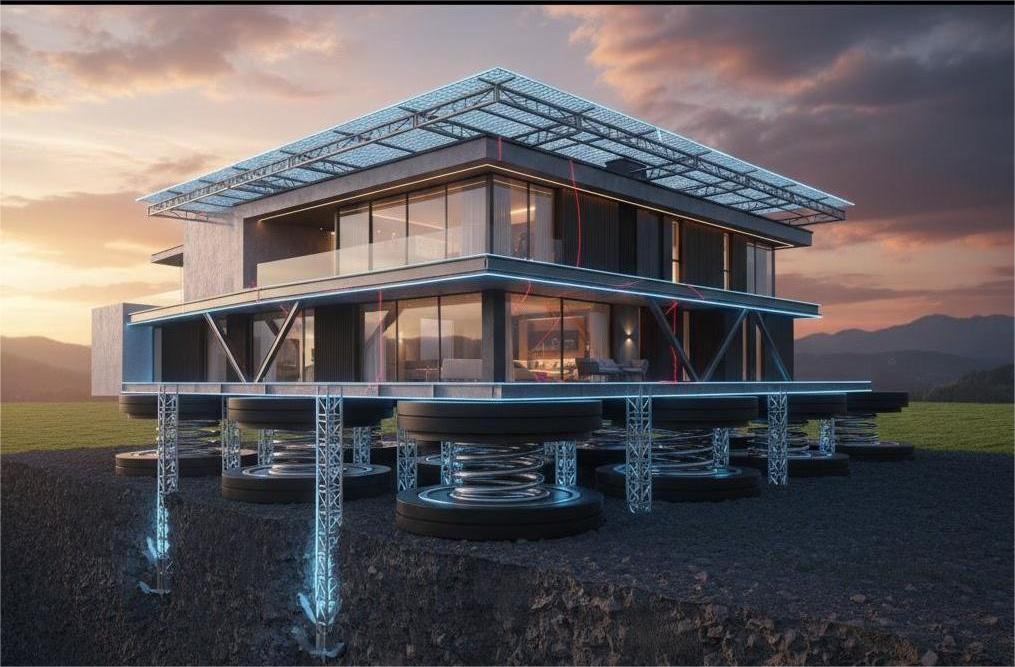 Giải Pháp Chống Động Đất Biệt Thự - Khi Nền Móng Biết “Thở” 3 Cấu trúc chống động đất tích hợp khung thép và lò xo giảm chấn