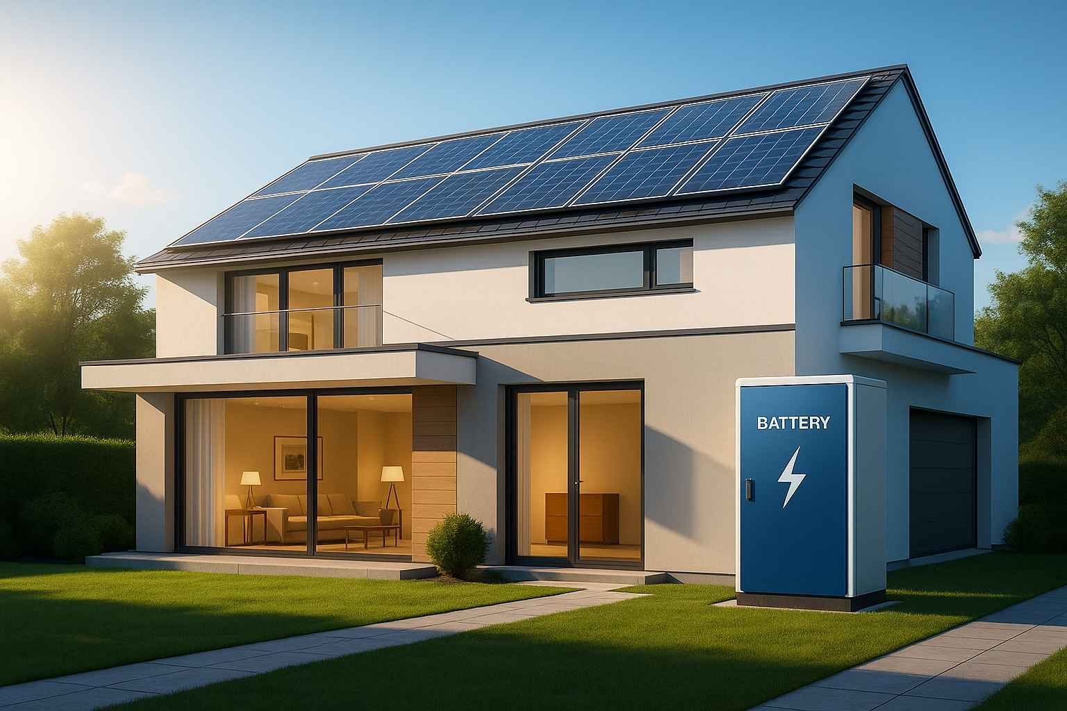 Biệt thự hiện đại gắn pin năng lượng mặt trời và hệ thống lưu trữ điện