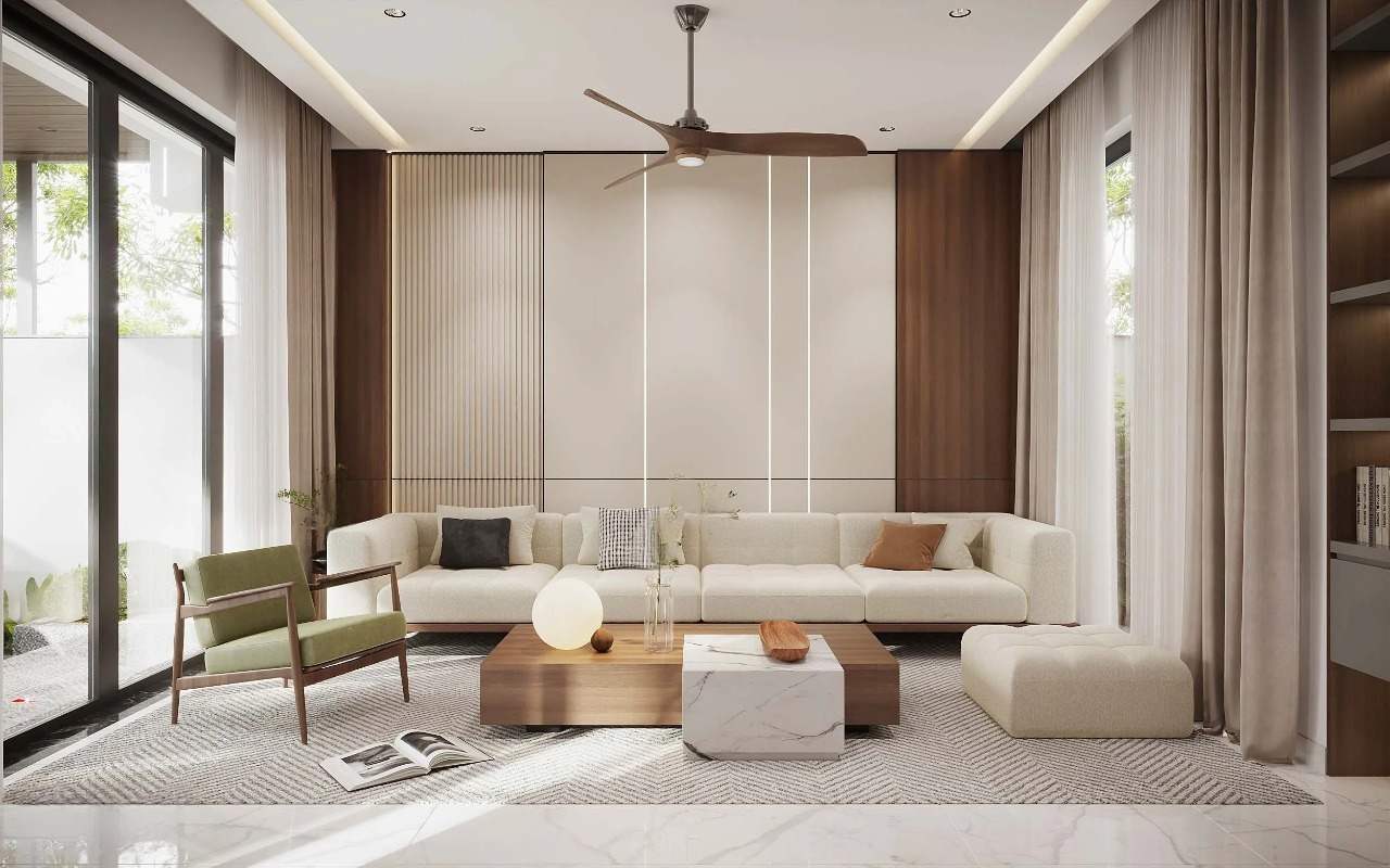 6 Giải Pháp Xây Dựng Biệt Thự Hiện Đại Từ Tầm Nhìn Đến Từng Viên Gạch 2 Phòng khách xây dựng biệt thự hiện đại với sofa lớn, ánh sáng tự nhiên chan hòa