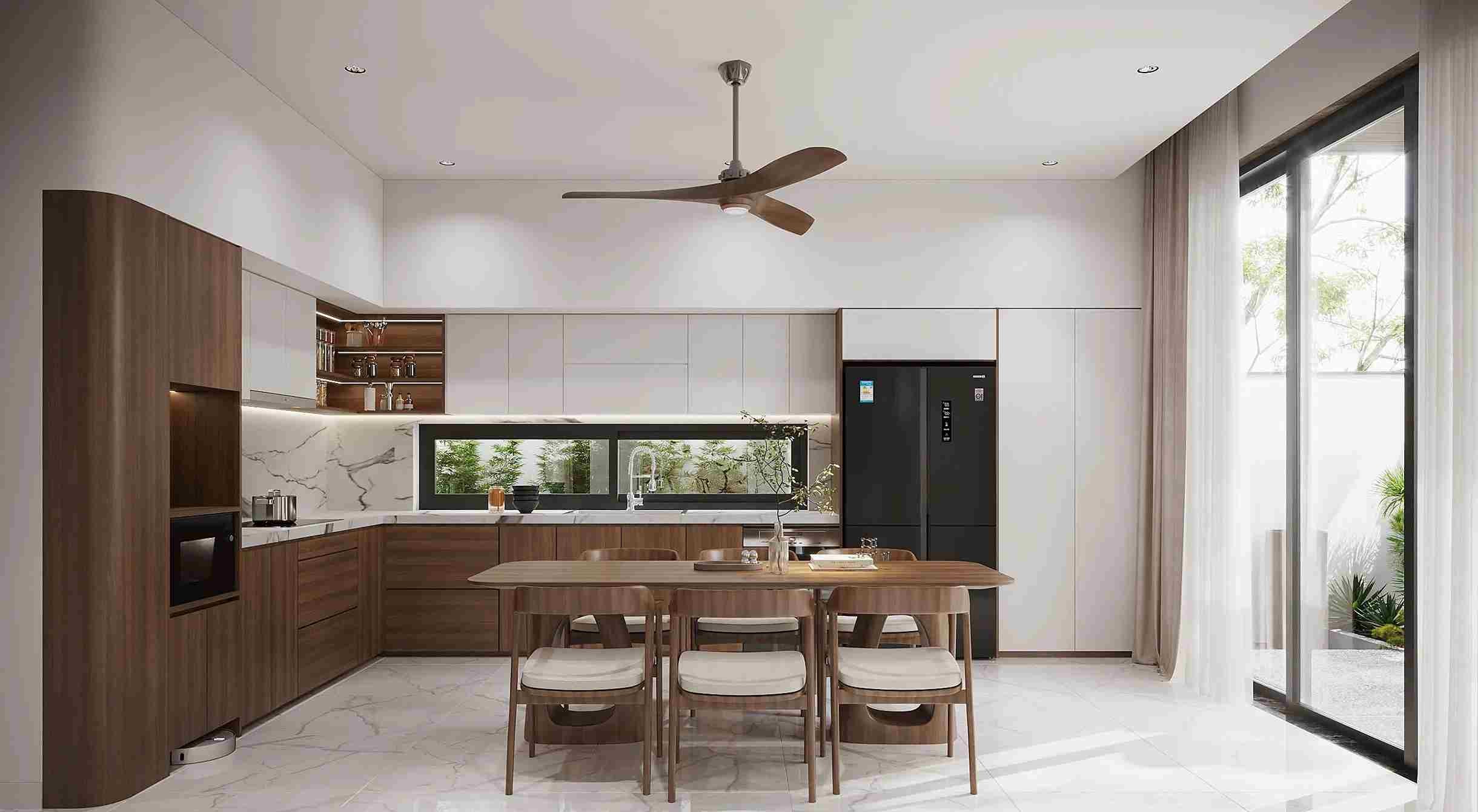 6 Giải Pháp Xây Dựng Biệt Thự Hiện Đại Từ Tầm Nhìn Đến Từng Viên Gạch 3 Không gian bếp biệt thự hiện đại với nội thất gỗ, kính và ánh sáng tự nhiên