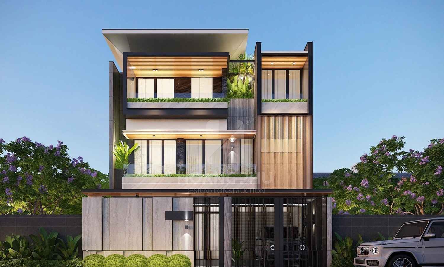 Biệt thự hiện đại 3 tầng sử dụng lam gỗ, kính cường lực và cây xanh bao phủ