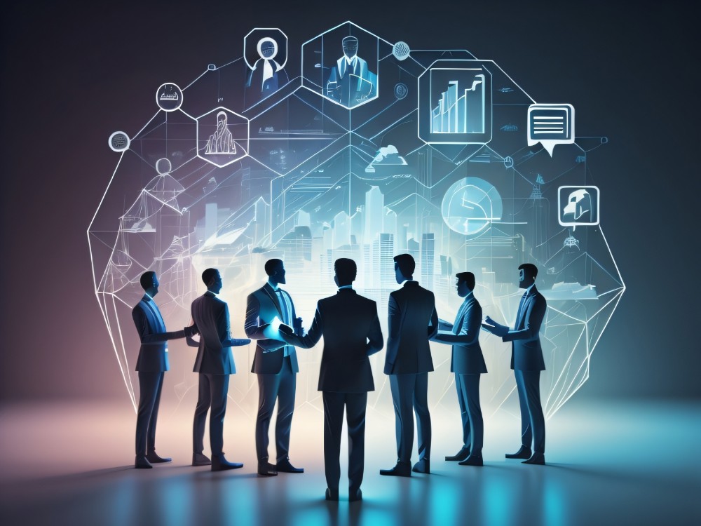 group men stand front screen that says business1