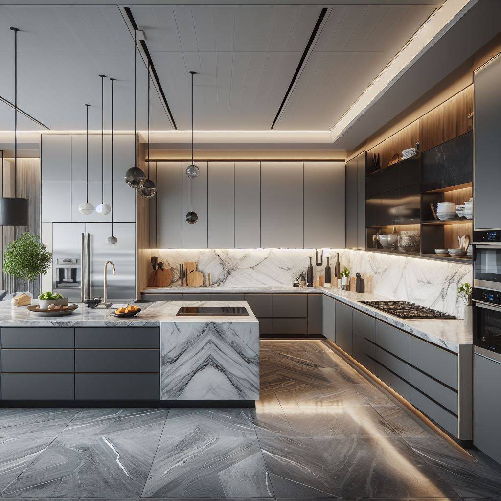 Hồ sơ vật liệu xây dựng bếp biệt thự với đá marble cao cấp