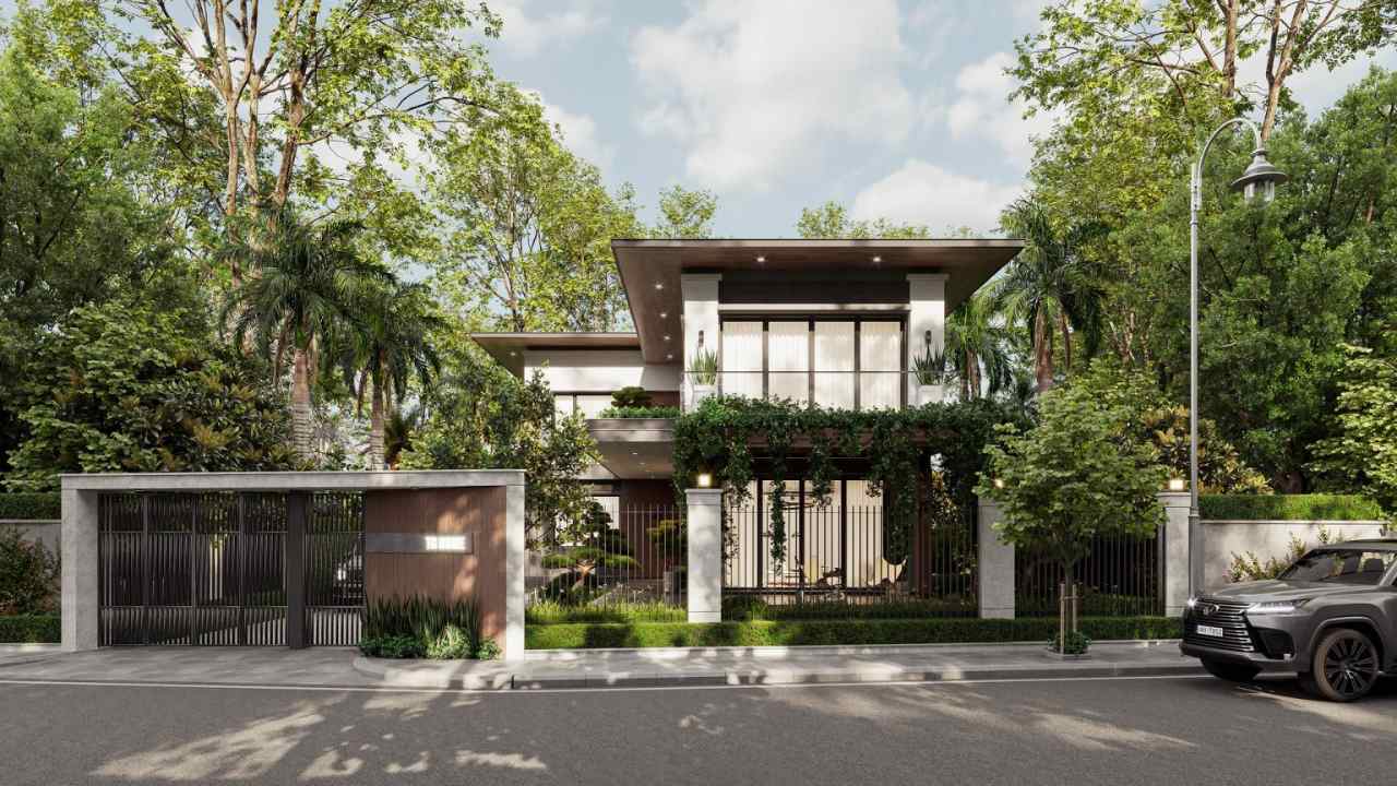 Biệt thự sân vườn với kết cấu bê tông hiện đại, hài hòa với thiên nhiên xanh.