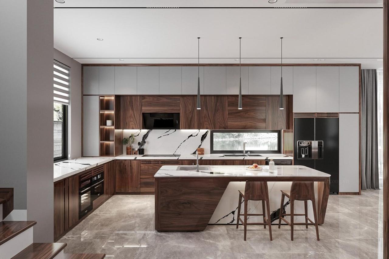 Kết Cấu Bê Tông Biệt Thự: Nền Tảng Cho Sự Vững Bền Và Tinh Tế 4 Phòng bếp biệt thự hiện đại với kết cấu bê tông, gỗ tự nhiên và mặt đá cao cấp.