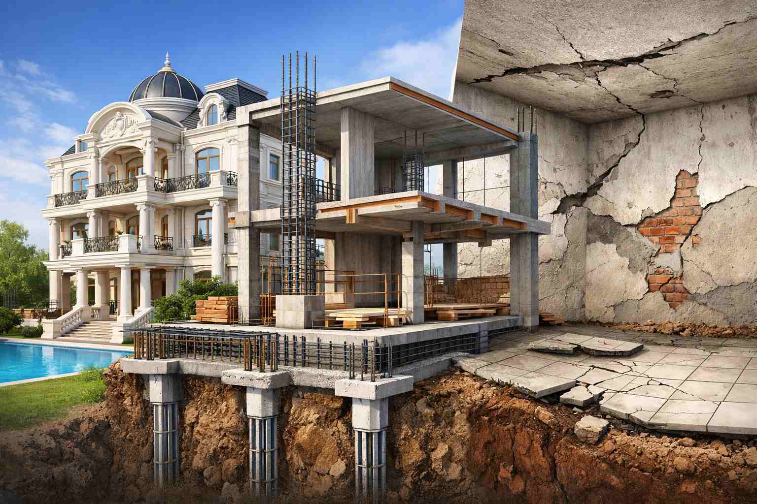 Kết Cấu Biệt Thự Cao Cấp Quyết Định Tuổi Thọ Công Trình Ra Sao 8 Kết cấu móng biệt thự đang thi công với khung bê tông cốt thép