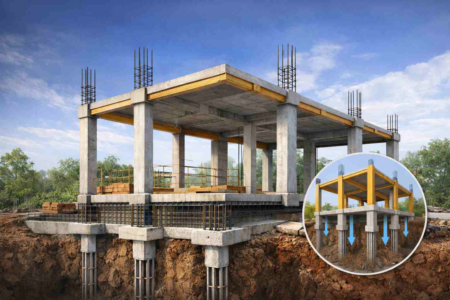 Kết cấu cột và móng cọc bê tông cho biệt thự nhiều tầng