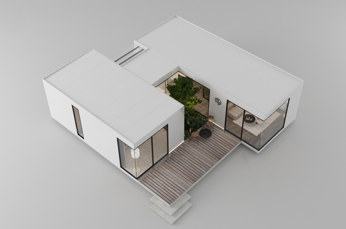 Giải Pháp Kết Cấu Nhà Cao Cấp Đáp Ứng Chuẩn An Toàn Và Thẩm Mỹ 4 Phối cảnh 3D nhà cao cấp 1 tầng hiện đại với sân trong và kết cấu chữ U