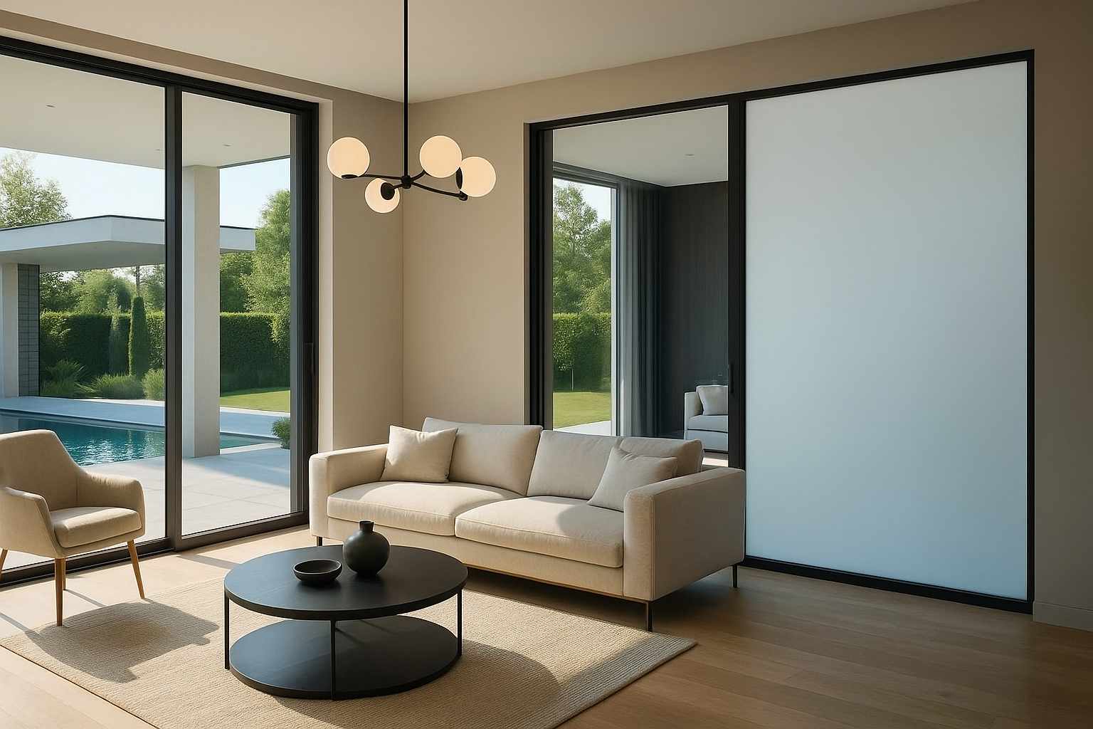 Kính Thông Minh Cho Biệt Thự – Giải Pháp Kính Đổi Màu Tự Động 3 Phòng khách biệt thự sử dụng kính thông minh đổi màu tự động