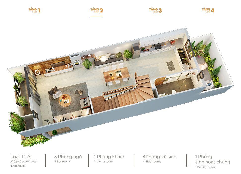 Bản vẽ 3D mặt bằng nhà phố minh họa mâu thuẫn thiết kế nhà không gian