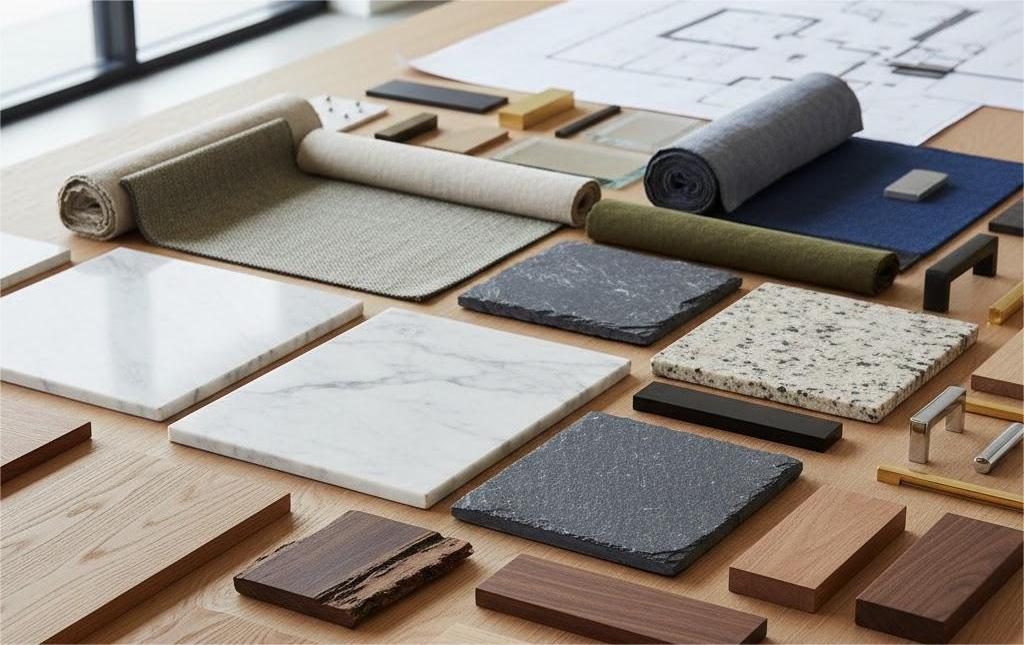 nhà cung cấp vật liệu nội thất với mẫu đá gỗ và vải trang trí