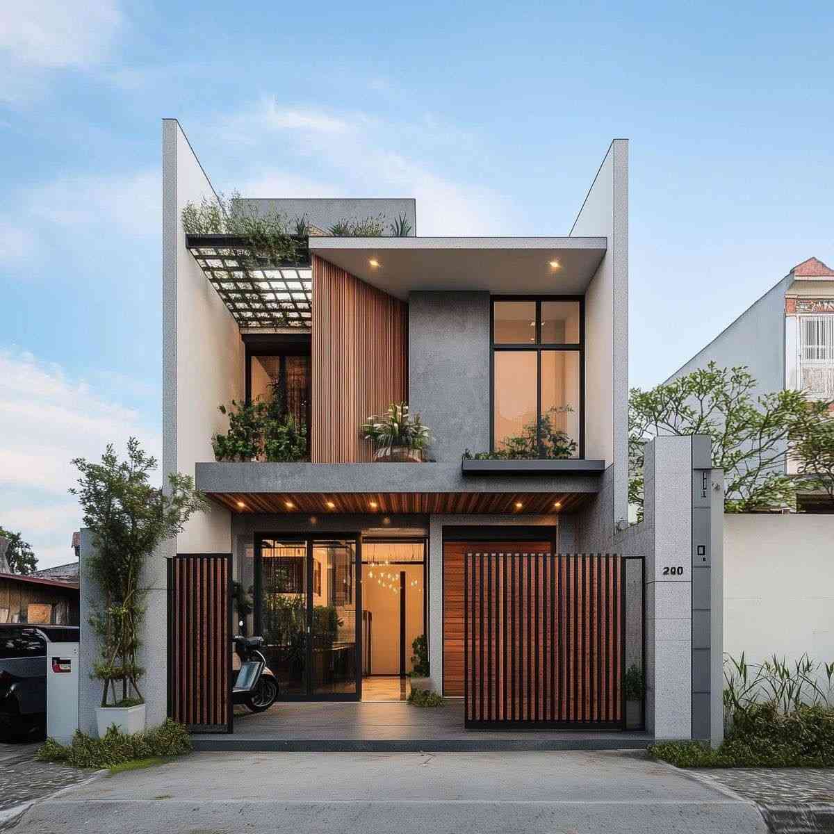 Nhà Phố Hai Mặt Tiền – Giải Pháp Tối Ưu Thông Gió Và Ánh Sáng 2 Nhà phố hai mặt tiền hiện đại với mảng xanh và cửa kính lớn