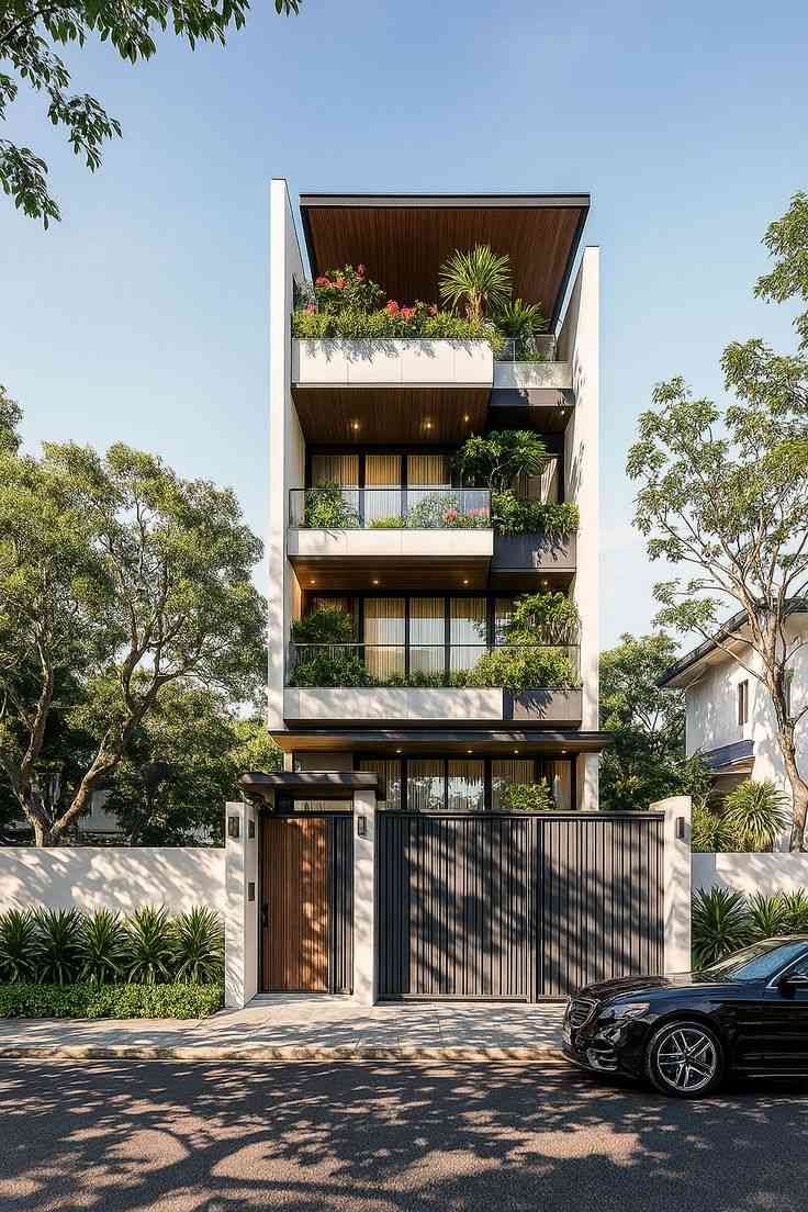 Nhà Phố Hai Mặt Tiền – Giải Pháp Tối Ưu Thông Gió Và Ánh Sáng 2 Nhà phố hai mặt tiền nhiều tầng với ban công xanh thoáng sáng