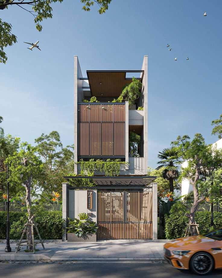 Nhà Phố Hai Mặt Tiền – Giải Pháp Tối Ưu Thông Gió Và Ánh Sáng 3 Nhà phố hai mặt tiền tối giản với lam gỗ và sân thượng xanh