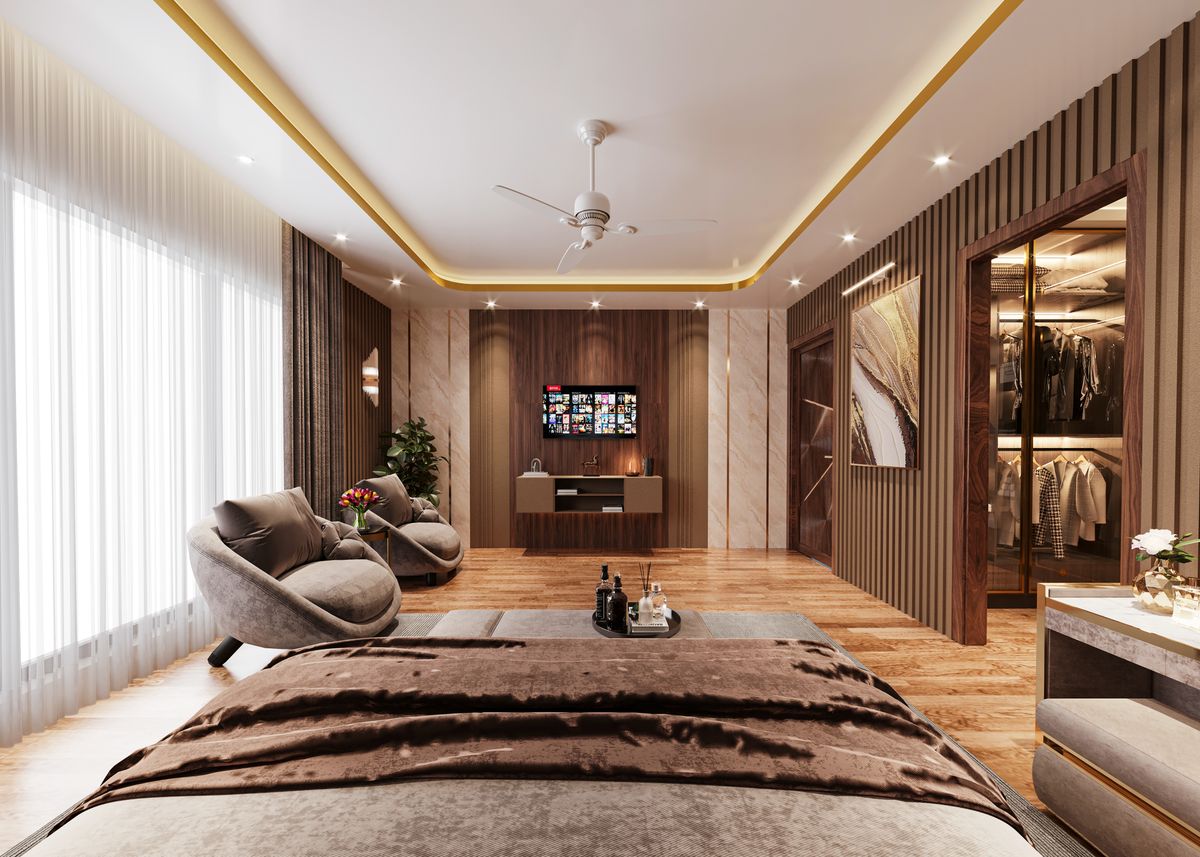 Phòng ngủ biệt thự với trần giật cấp hắt sáng