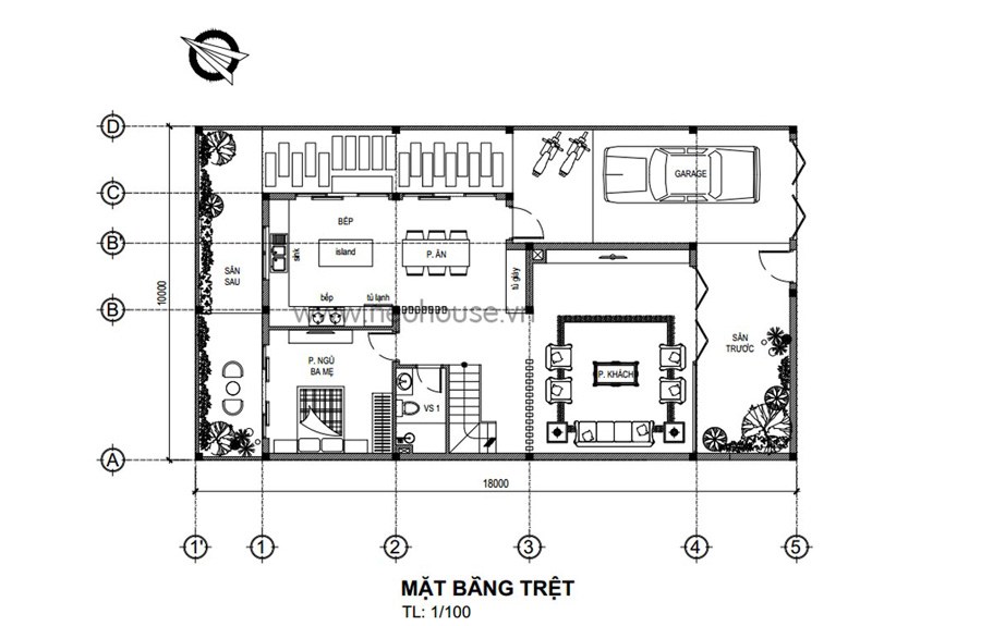 Chìa Khóa Vàng: Quy Chuẩn Xây Dựng Biệt Thự Đẳng Cấp 3 ản vẽ mặt bằng trệt biệt thự hiện đại với gara, phòng khách, bếp và sân vườn