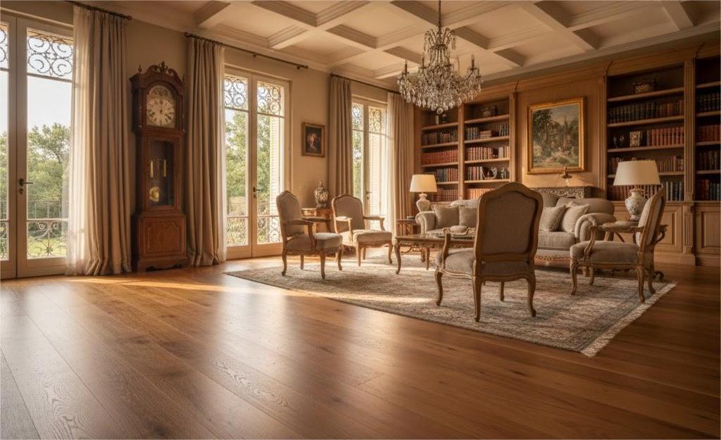 So Sánh Sàn Gỗ Và Sàn Nhựa: Đâu Là Lựa Chọn Lý Tưởng Cho Biệt Thự? 2 Sàn gỗ và sàn nhựa trong phòng khách phong cách cổ điển sang trọng