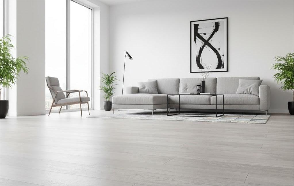 So Sánh Sàn Gỗ Và Sàn Nhựa: Đâu Là Lựa Chọn Lý Tưởng Cho Biệt Thự? 3 Sàn gỗ và sàn nhựa cho phòng khách tối giản tông sáng tự nhiên