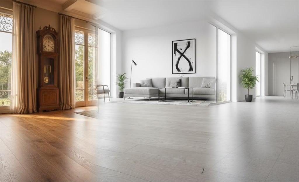 So Sánh Sàn Gỗ Và Sàn Nhựa: Đâu Là Lựa Chọn Lý Tưởng Cho Biệt Thự? 4 Sàn gỗ và sàn nhựa hòa trộn trong không gian nội thất biệt thự