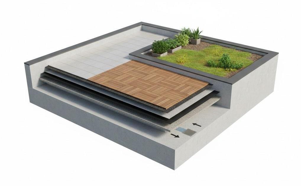 Sàn Mái Phẳng – Giải Pháp Kiến Trúc Hiện Đại Và Chống Thấm Hiệu Quả 3 Mặt cắt cấu tạo sàn mái phẳng có lớp phủ gỗ và khu vực trồng cây