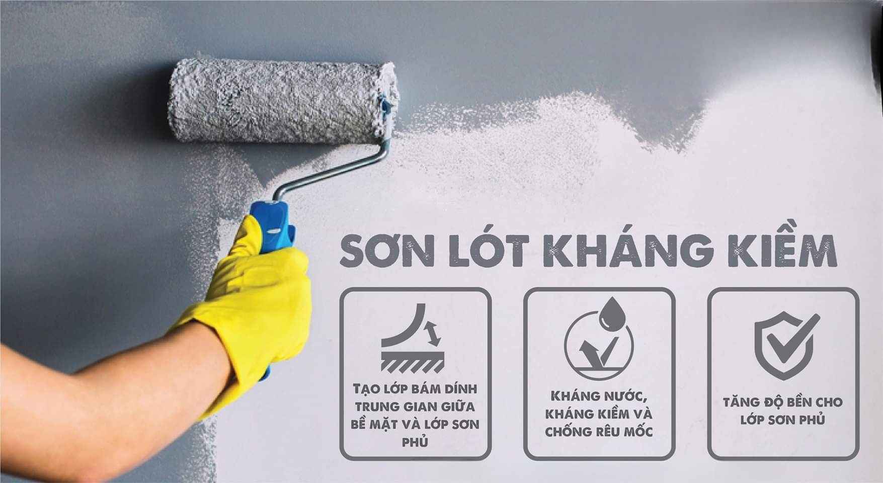 hi công sơn lót chống kiềm tạo lớp bám dính và chống thấm hiệu quả.