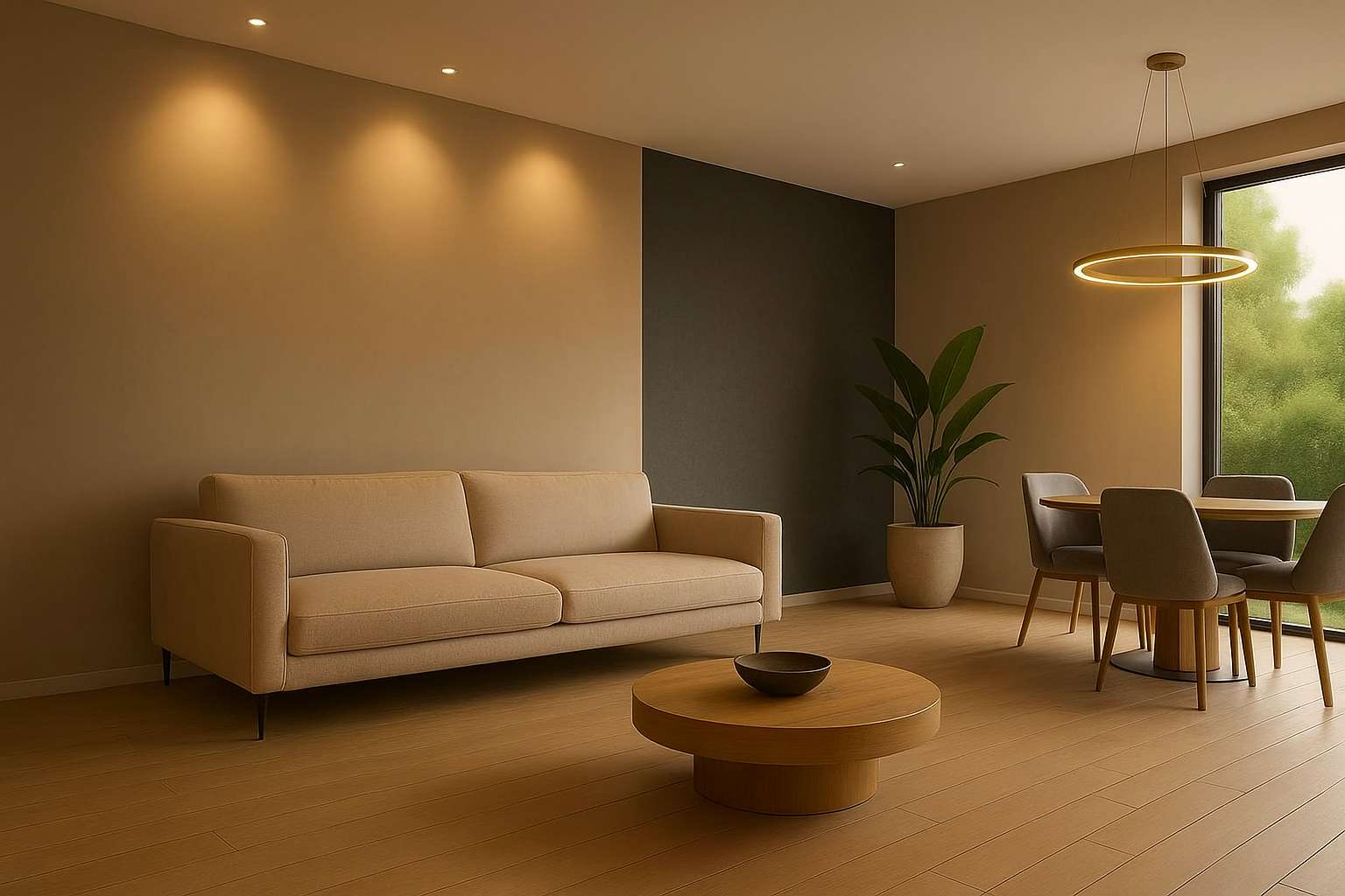 Sơn Nội Thất Màu Trung Tính – Bí Quyết Tạo Bảng Màu Biệt Thự Sang Trọng 4 Kết hợp ánh sáng vàng và sơn màu trung tính trong nội thất biệt thự