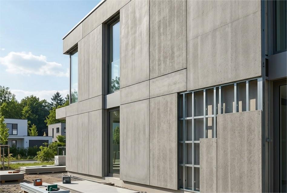 Thi công ngoại thất bằng tấm xi măng sợi cellulose.