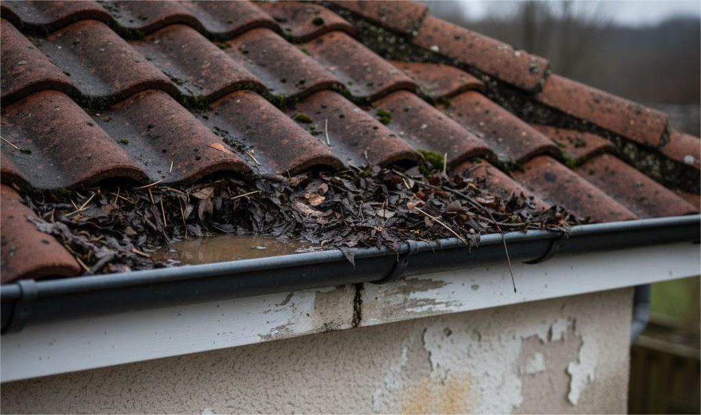 thấm dột mái ngói do lá cây đọng nước trên mái