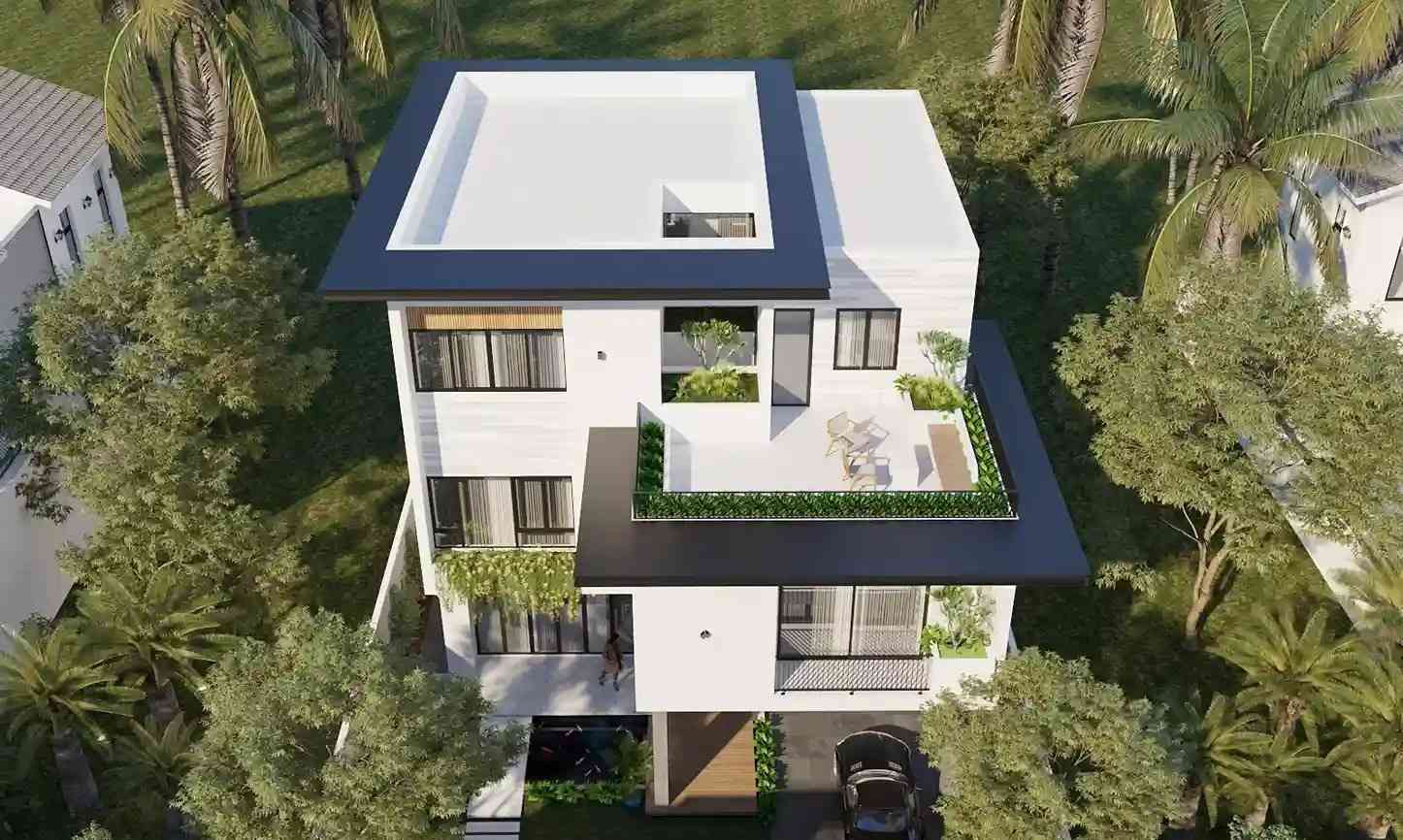 Biệt thự mái bằng với sân thượng xanh và mái đua hiện đại