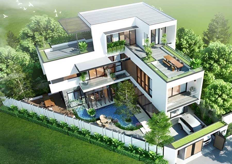 Thiết kế mái biệt thự phẳng hiện đại kết hợp sân vườn xanh trên cao