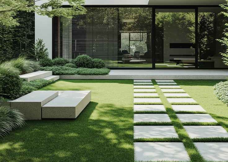 Thiết Kế Nhà Vườn Biệt Thự Từ Móng Đến Mái Kiểu “Xanh Hóa” 3 Thiết kế nhà vườn tối giản với lối đi lát đá và không gian xanh hiện đại