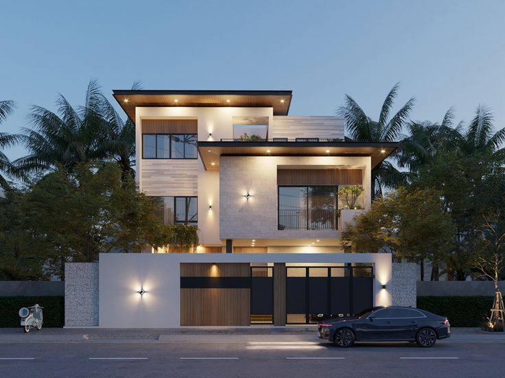 Biệt thự hiện đại 3 tầng với mái đua rộng và ánh sáng tối ưu chiều tối