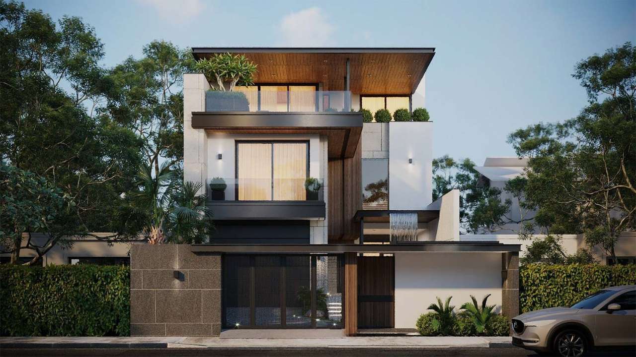 Biệt thự hiện đại với thiết kế mặt tiền dùng vật liệu cách nhiệt hiệu quả.