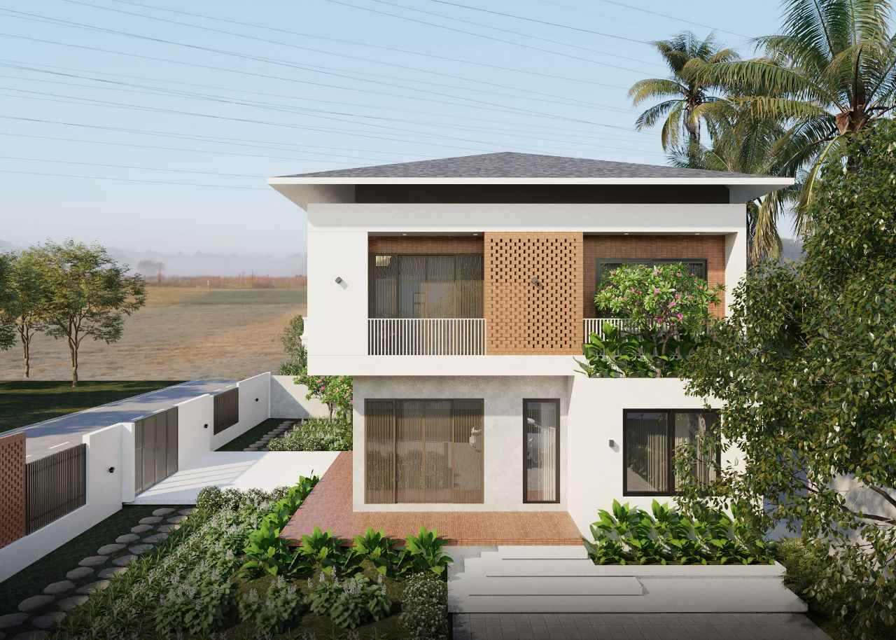 Biệt thự hiện đại lát nền ngoài trời bằng gạch chống trơn, màu sắc đồng bộ.