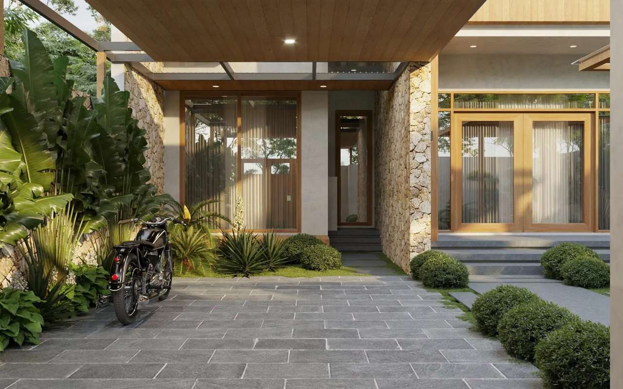 4 Vật Liệu Lát Nền Ngoài Trời Cho Biệt Thự: Bền Chắc, Thẩm Mỹ Và An Toàn 2 Sân trước biệt thự lát bằng vật liệu lát nền ngoài trời màu xám hiện đại