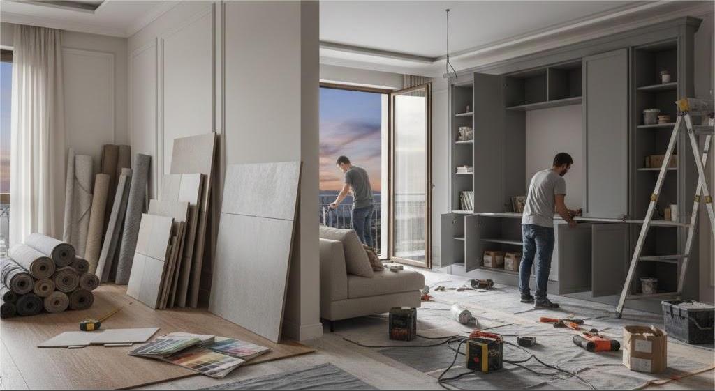 Vật liệu nội thất cuối năm đang được thi công và hoàn thiện không gian