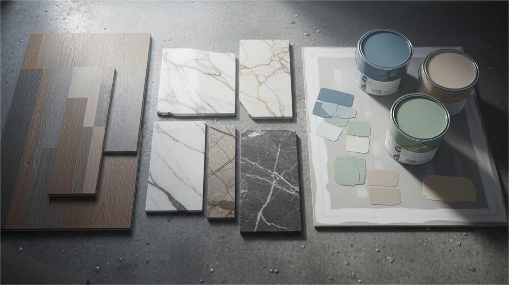 Vật liệu nội thất cuối năm gồm gạch đá gỗ và bảng màu sơn