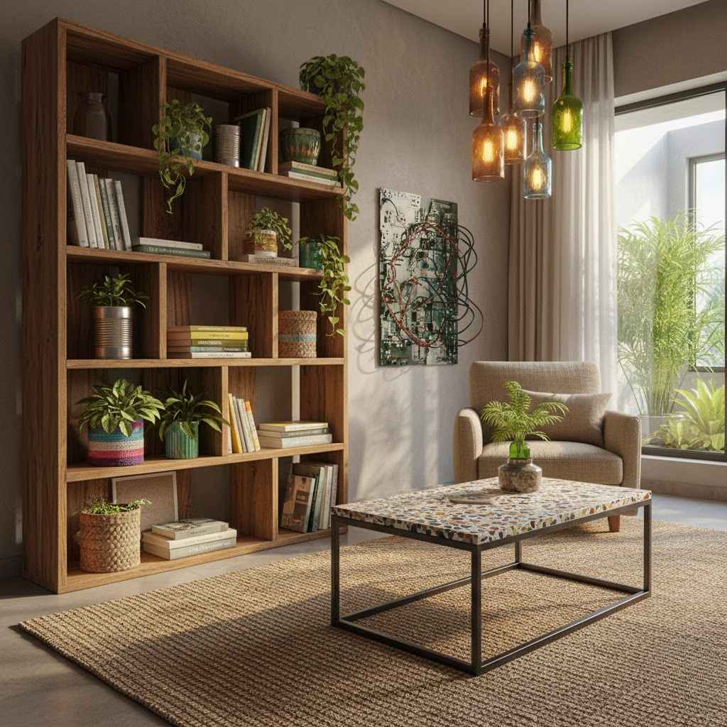 Phòng khách dùng vật liệu tái chế sáng tạo và thân thiện môi trường