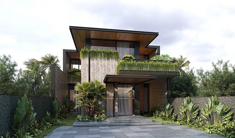 Biệt thự thi công xanh với mặt đứng phủ cây xanh và vật liệu tự nhiên
